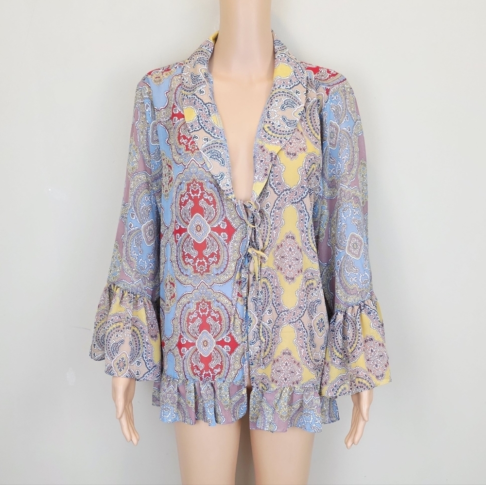 Cato Tie Front Semi Sheer Long Sleeve Blouse
